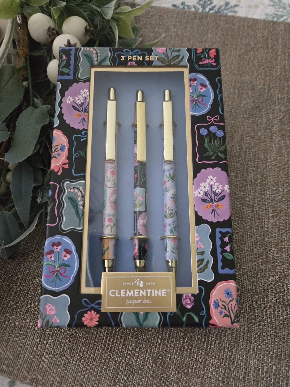 Clementine Floral 3-Pen Set - Gold Trim, Multicolor